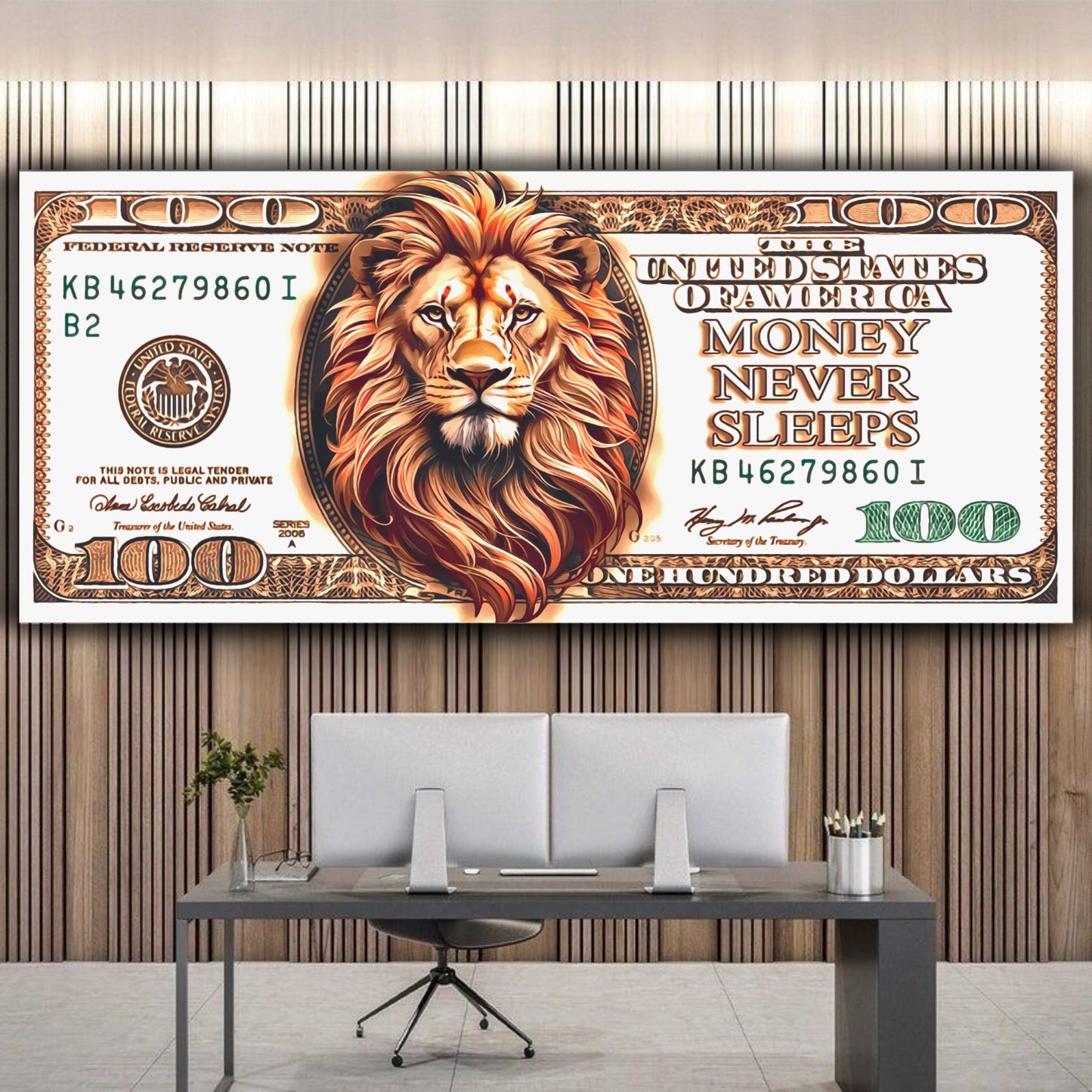 100 dollar lion money never sleeps artwork - MEDUSSA SHOP